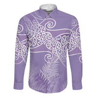 Aotearoa Maori Koru Curves Family Matching Off The Shoulder Long Sleeve Dress and Hawaiian Shirt Silver Ferns - Amethyst LT7 Dad's Shirt - Long Sleeve Purple - Polynesian Pride