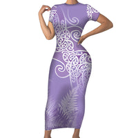 Aotearoa Maori Koru Curves Short Sleeve Bodycon Dress Silver Ferns - Amethyst
