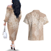 Aotearoa Maori Koru Curves Couples Matching Off The Shoulder Long Sleeve Dress and Hawaiian Shirt Silver Ferns - Mocha LT7 - Polynesian Pride