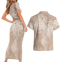 Aotearoa Maori Koru Curves Couples Matching Short Sleeve Bodycon Dress and Hawaiian Shirt Silver Ferns - Mocha LT7 - Polynesian Pride