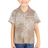 Aotearoa Maori Koru Curves Family Matching Short Sleeve Bodycon Dress and Hawaiian Shirt Silver Ferns - Mocha LT7 Son's Shirt Beige - Polynesian Pride