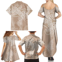 Aotearoa Maori Koru Curves Family Matching Summer Maxi Dress and Hawaiian Shirt Silver Ferns - Mocha LT7 - Polynesian Pride