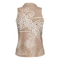 Aotearoa Maori Koru Curves Women Sleeveless Polo Shirt Silver Ferns - Mocha LT7 - Polynesian Pride