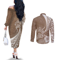 Personalised Polynesian Pacific Bulldog Couples Matching Off The Shoulder Long Sleeve Dress and Long Sleeve Button Shirts With Brown Hawaii Tribal Tattoo Patterns LT7 - Polynesian Pride