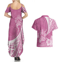 Personalised Polynesian Pacific Bulldog Couples Matching Summer Maxi Dress and Hawaiian Shirt With Pink Hawaii Tribal Tattoo Patterns LT7 - Polynesian Pride