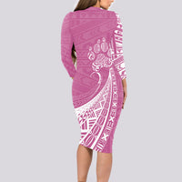 Personalised Polynesian Pacific Bulldog Long Sleeve Bodycon Dress With Pink Hawaii Tribal Tattoo Patterns LT7 - Polynesian Pride