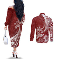 Personalised Polynesian Pacific Bulldog Couples Matching Off The Shoulder Long Sleeve Dress and Long Sleeve Button Shirts With Red Hawaii Tribal Tattoo Patterns LT7 - Polynesian Pride