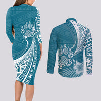 Personalised Polynesian Pacific Bulldog Couples Matching Long Sleeve Bodycon Dress and Long Sleeve Button Shirts With Teal Hawaii Tribal Tattoo Patterns LT7 - Polynesian Pride