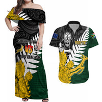 Personalised New Zealand Vs South Africa Rugby Couples Matching Off Shoulder Maxi Dress and Hawaiian Shirt Rivals - Tribal Style LT7 Black Green - Polynesian Pride
