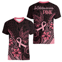 Polynesian Women V Neck T Shirt Breast Cancer RIbbon Butterfly Mix Plumeria Curves Pink LT7 - Polynesian Pride