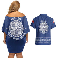 Queen Salote College 100 Years Anniversary Personalized Couples Matching Off Shoulder Short Dress and Hawaiian Shirt Tonga QSC Royal Blue LT7 - Polynesian Pride