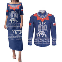 Queen Salote College 100 Years Anniversary Personalized Couples Matching Puletasi and Long Sleeve Button Shirt Tonga QSC Royal Blue LT7 Royal Blue - Polynesian Pride