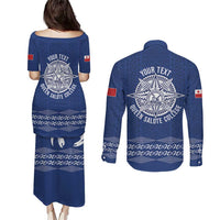 Queen Salote College 100 Years Anniversary Personalized Couples Matching Puletasi and Long Sleeve Button Shirt Tonga QSC Royal Blue LT7 - Polynesian Pride