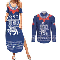 Queen Salote College 100 Years Anniversary Personalized Couples Matching Summer Maxi Dress and Long Sleeve Button Shirt Tonga QSC Royal Blue LT7 Royal Blue - Polynesian Pride