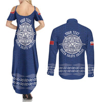 Queen Salote College 100 Years Anniversary Personalized Couples Matching Summer Maxi Dress and Long Sleeve Button Shirt Tonga QSC Royal Blue LT7 - Polynesian Pride
