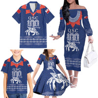 Queen Salote College 100 Years Anniversary Personalized Family Matching Off The Shoulder Long Sleeve Dress and Hawaiian Shirt Tonga QSC Royal Blue LT7 - Polynesian Pride