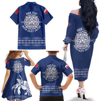Queen Salote College 100 Years Anniversary Personalized Family Matching Off The Shoulder Long Sleeve Dress and Hawaiian Shirt Tonga QSC Royal Blue LT7 - Polynesian Pride