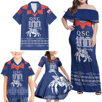 Queen Salote College 100 Years Anniversary Personalized Family Matching Off Shoulder Maxi Dress and Hawaiian Shirt Tonga QSC Royal Blue LT7 - Polynesian Pride