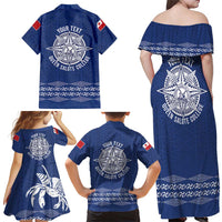 Queen Salote College 100 Years Anniversary Personalized Family Matching Off Shoulder Maxi Dress and Hawaiian Shirt Tonga QSC Royal Blue LT7 - Polynesian Pride