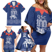 Queen Salote College 100 Years Anniversary Personalized Family Matching Off Shoulder Short Dress and Hawaiian Shirt Tonga QSC Royal Blue - Polynesian Pride