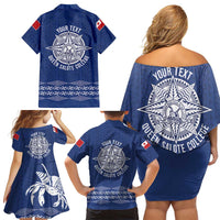 Queen Salote College 100 Years Anniversary Personalized Family Matching Off Shoulder Short Dress and Hawaiian Shirt Tonga QSC Royal Blue - Polynesian Pride