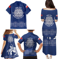 Queen Salote College 100 Years Anniversary Personalized Family Matching Puletasi and Hawaiian Shirt Tonga QSC Royal Blue - Polynesian Pride