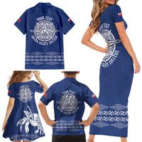 Queen Salote College 100 Years Anniversary Personalized Family Matching Short Sleeve Bodycon Dress and Hawaiian Shirt Tonga QSC Royal Blue - Polynesian Pride