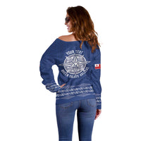Queen Salote College 100 Years Anniversary Personalized Off Shoulder Sweater Tonga QSC Royal Blue - Polynesian Pride