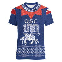 Queen Salote College 100 Years Anniversary Personalized Women V-Neck T-Shirt Tonga QSC Royal Blue - Polynesian Pride