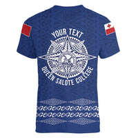 Queen Salote College 100 Years Anniversary Personalized Women V-Neck T-Shirt Tonga QSC Royal Blue - Polynesian Pride