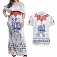 Queen Salote College 100 Years Anniversary Personalized Couples Matching Off Shoulder Maxi Dress and Hawaiian Shirt Tonga QSC White - Polynesian Pride