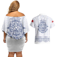 Queen Salote College 100 Years Anniversary Personalized Couples Matching Off Shoulder Short Dress and Hawaiian Shirt Tonga QSC White LT7 - Polynesian Pride