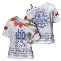 Queen Salote College 100 Years Anniversary Personalized Cross Shoulder Shirt Tonga QSC White - Polynesian Pride