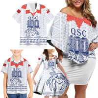 Queen Salote College 100 Years Anniversary Personalized Family Matching Off Shoulder Short Dress and Hawaiian Shirt Tonga QSC White - Polynesian Pride