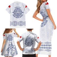 Queen Salote College 100 Years Anniversary Personalized Family Matching Short Sleeve Bodycon Dress and Hawaiian Shirt Tonga QSC White LT7 - Polynesian Pride