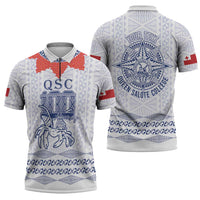 Queen Salote College 100 Years Anniversary Personalized Zipper Polo Shirt Tonga QSC White - Polynesian Pride