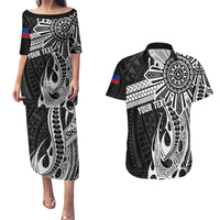 Personalised Philippines Couples Matching Puletasi Dress and Hawaiian Shirt Tribal Sun LT7 Black - Polynesian Pride