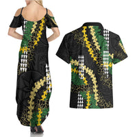 Hawaii Aloha Kakau Couples Matching Summer Maxi Dress and Hawaiian Shirt Puakenikeni and Maile Lei Twist