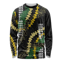 Hawaii Aloha Kakau Long Sleeve Shirt Puakenikeni and Maile Lei Twist LT7 Unisex Black - Polynesian Pride