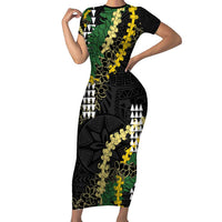 Hawaii Aloha Kakau Short Sleeve Bodycon Dress Puakenikeni and Maile Lei Twist LT7 Long Dress Black - Polynesian Pride