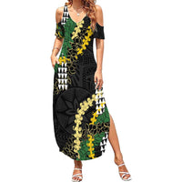 Hawaii Aloha Kakau Summer Maxi Dress Puakenikeni and Maile Lei Twist LT7 Women Black - Polynesian Pride