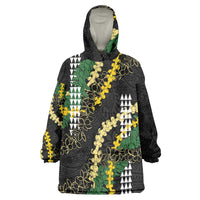 Hawaii Aloha Kakau Wearable Blanket Hoodie Puakenikeni and Maile Lei Twist LT7 One Size Black - Polynesian Pride