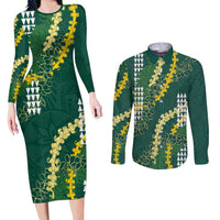 Hawaii Aloha Kakau Couples Matching Long Sleeve Bodycon Dress and Long Sleeve Button Shirt Green Puakenikeni and Maile Lei Twist LT7 Green - Polynesian Pride