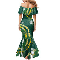 Hawaii Aloha Kakau Family Matching Mermaid Dress and Hawaiian Shirt Green Puakenikeni and Maile Lei Twist LT7 - Polynesian Pride