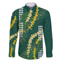 Hawaii Aloha Kakau Family Matching Off The Shoulder Long Sleeve Dress and Hawaiian Shirt Green Puakenikeni and Maile Lei Twist