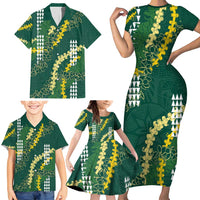 Hawaii Aloha Kakau Family Matching Short Sleeve Bodycon Dress and Hawaiian Shirt Green Puakenikeni and Maile Lei Twist LT7 - Polynesian Pride