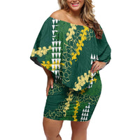 Hawaii Aloha Kakau Off Shoulder Short Dress Green Puakenikeni and Maile Lei Twist LT7 Women Green - Polynesian Pride