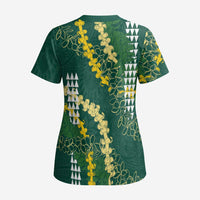 Hawaii Aloha Kakau Scrub Top Green Puakenikeni and Maile Lei Twist - Polynesian Pride