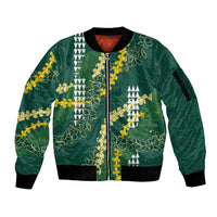 Hawaii Aloha Kakau Sleeve Zip Bomber Jacket Green Puakenikeni and Maile Lei Twist LT7 Unisex Green - Polynesian Pride