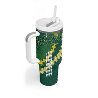 Hawaii Aloha Kakau Tumbler With Handle Green Puakenikeni and Maile Lei Twist